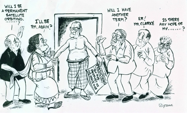 They are all gone now: Sri Lanka's doyen of political cartoons, W R Wijesoma, drew this for the Sunday Observer circa 1969, showing the island's political leaders from across the ideological spectrum seeking his 'predictions'. How many can you identify?